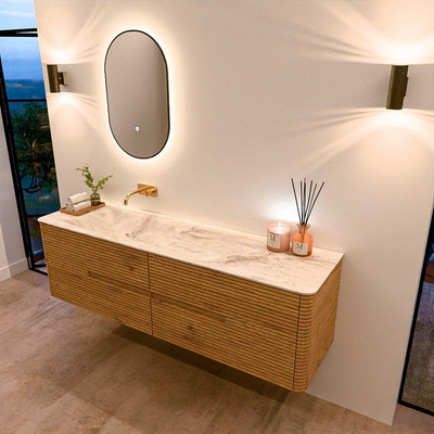 Mondiaz CIRO-DLUX Badkamermeubelset - 170x45x50cm - Solid surface wastafel Frappe - 1 wasbak Links - zonder kraangaten - 4 lades - Oak