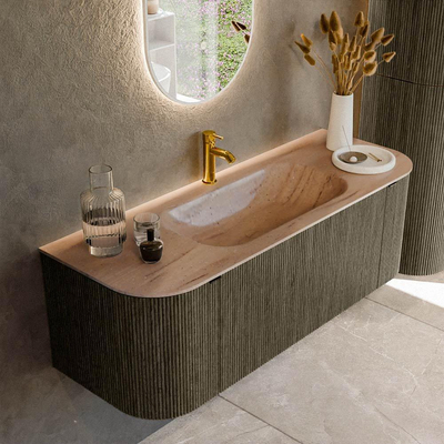 MONDIAZ KURVE-DLUX Meuble de salle de bains 130cm arrondi Gauche + Droite couleur Shadow avec 1 tiroir et 2 portes. Lavabo BIG SMALL Central 1 trou de robinet Saba.