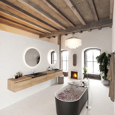 MONDIAZ BUKLA 280cm ensemble de meuble avec module 60 à droite couleur Chêne blanchi avec 4 tiroirs. Lavabo CLOUD double 2 trous de robinet couleur Urbaine.