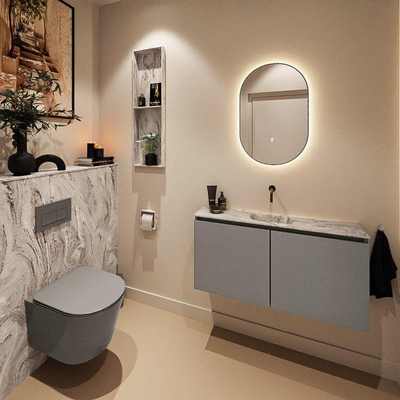 MONDIAZ TURE-DLUX Meuble toilette - 100cm - Smoke - EDEN - vasque Glace - position centrale - sans trou de robinet