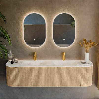 MONDIAZ KURVE-DLUX meuble de salle de bains 170 cm avec module 25 Len R couleur chêne avec 1 tiroir et 2 portes. Lavabo LEAF double 2 trous de robinet couleur Frappe.