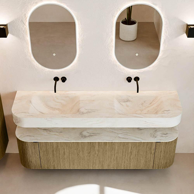 MONDIAZ THOR-DLUX 170cm meuble de salle de bains arrondi gauche + droite couleur Dusk avec 1 tiroir et 2 portes. Vasque suspendue CLOUD Double sans trou de robinet couleur Ostra.