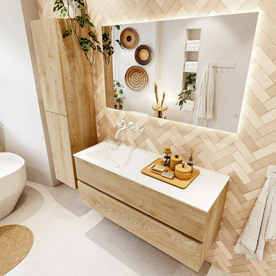 MONDIAZ VICA 120cm badmeubel onderkast Washed Oak 2 lades. Wastafel CLOUD links zonder kraangat, kleur Talc.