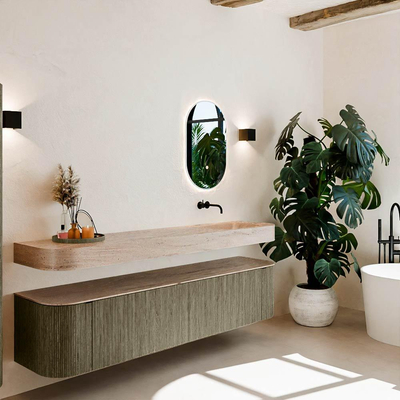 MONDIAZ THOR-DLUX 200cm meuble de salle de bains arrondi gauche + droite couleur Shadow avec 2 tiroirs et 2 portes. Vasque suspendue CLOUD Droite sans trou de robinet couleur Saba.