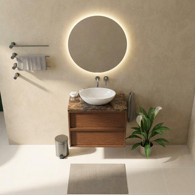 Saniclass Holz Frame Ensemble meuble de salle de bains - 80x45x63cm - Plan de travail en pierre naturelle Noche dark emperador - sans trou de robinet - 2 tiroirs - walnut pure mat (bois)