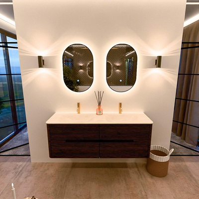 Mondiaz CIRO-DLUX Ensemble meuble de salle de bains - 140x45x50cm - Plan-vasque en solid surface Meli - 2 vasques double - 2 trous de robinetterie - 4 tiroirs - Noyer