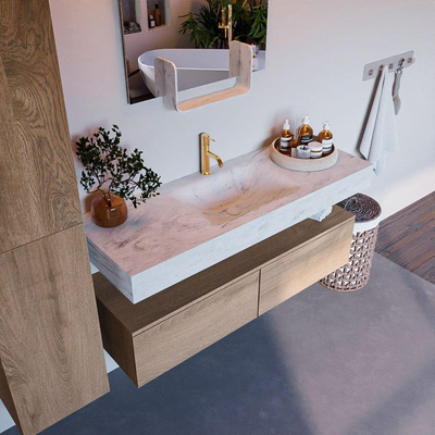 Mondiaz ALAN-DLUX Ensemble de meuble - 130cm - meuble Washed Oak mat - 2 tiroirs - Lavabo Cloud Opalo suspendu - vasque Centre - 1 trou de robinet