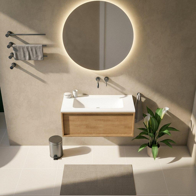 Saniclass Holz Frame Ensemble meuble de salle de bains - 100x45x57.5cm - lavabo Torino en solid surface blanc - sans trou de robinetterie - 1 tiroir - chêne natural mat (bois)