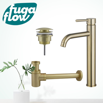 FugaFlow Eccelente Sobrado Badkamer Wastafelkraanset - verhoogde wastafelkraan - klikwaste plug - verlaagde design sifon - PVD Geborsteld Messing