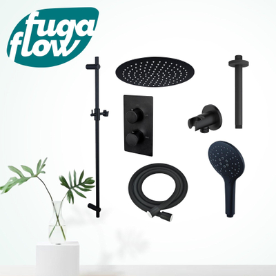 FugaFlow Eccelente Sobrado Badkamer Inbouw Regendoucheset - thermostatisch - plafondarm -glijstang - 25cm hoofddouche - handdouche rond - zwart mat - Black Friday -