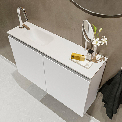 MONDIAZ TURE Toiletmeubel 80x23x50cm met 1 kraangaten 2 deuren talc mat Wastafel Eden links Solid Surface Wit