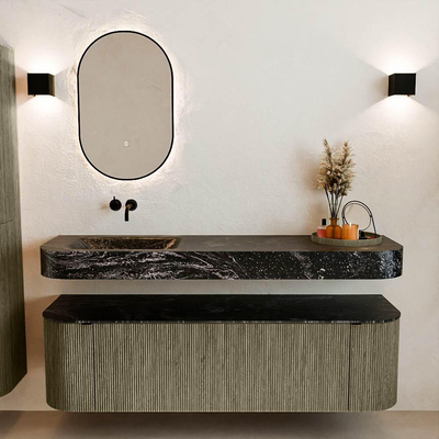 MONDIAZ THOR-DLUX 160cm meuble de salle de bains arrondi gauche + droite couleur Shadow avec 1 tiroir et 2 portes. Vasque suspendue CLOUD Gauche sans trou de robinet couleur Lava.