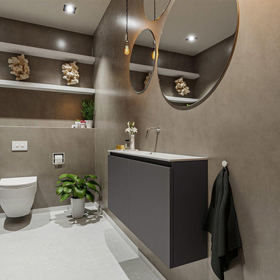 MONDIAZ TURE Toiletmeubel 100x23x50cm met 0 kraangaten 2 deuren dark grey mat Wastafel Eden midden Solid Surface Wit