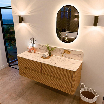 Mondiaz CIRO-DLUX Badkamermeubelset - 140x45x50cm - Solid surface wastafel Nata - 1 wasbak Rechts - zonder kraangaten - 4 lades - Oak