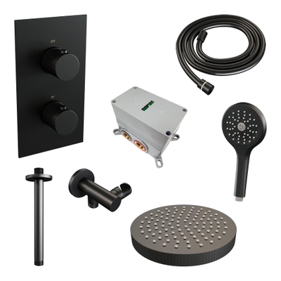 BRAUER Stripe Thermostatische Inbouw Regendouche - 3-weg - rechthoekig - SET 18 - 25cm douchekop - plafondarm - 3-standen handdouche - doucheslang - wandaansluitbocht - mat zwart