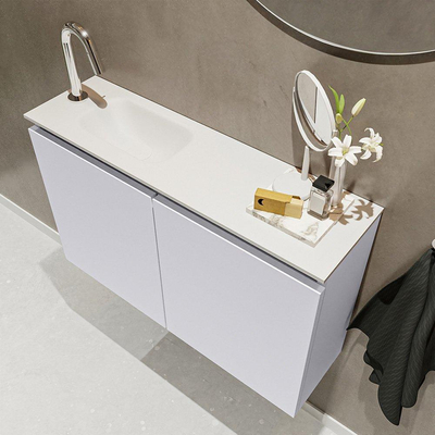 MONDIAZ TURE Toiletmeubel 80x23x50cm met 1 kraangaten 2 deuren cale mat Wastafel Eden links Solid Surface Wit