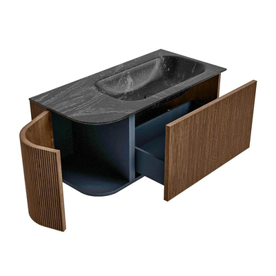 MONDIAZ KURVE-DLUX 95cm Meuble salle de bain avec module 25 G - couleur Walnut - 1 tiroir - 1 porte - vasque BIG SMALL droite - sans trou de robinet - couleur Lava