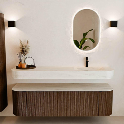 MONDIAZ THOR-DLUX 160cm badmeubel ronding links + rechts kleur Walnut met 1 lade en 2 deuren. Vrijhangende wastafel CLOUD Rechts 1 kraangat kleur Meli.