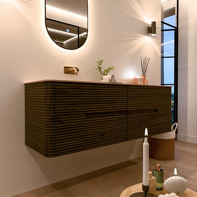 Mondiaz CIRO-DLUX Meuble de salle de bains - 150x45x50cm - Plan vasque Solid surface Saba - 1 vasque à gauche - sans trous de robinetterie - 4 tiroirs - Shadow