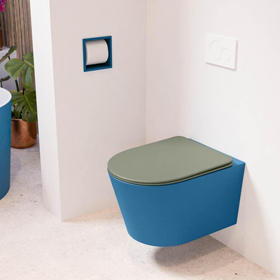 Mondiaz LAVIE hangtoilet – spoelrandloos – 36 x 53 cm – met softclose zitting – Jeans (blauw), zitting Army (groen)