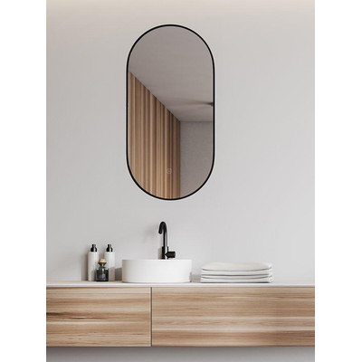Wiesbaden Nomi miroir avec cadre ovale avec LED, dimmable et chauffage miroir 50 x 100 cm noir mat