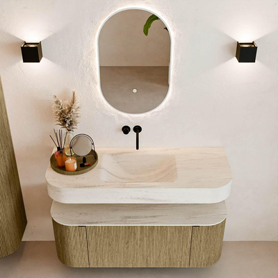 MONDIAZ THOR-DLUX 120cm meuble de salle de bains arrondi gauche + droite couleur Dusk avec 1 tiroir et 2 portes. Vasque suspendue CLOUD Milieu sans trou de robinet couleur Meli.