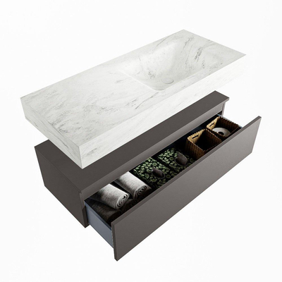 Mondiaz ALAN-DLUX Ensemble de meuble - 110cm - meuble Dark grey mat - 1 tiroir - Lavabo Cloud Opalo suspendu - vasque Droite - 1 trou de robinet