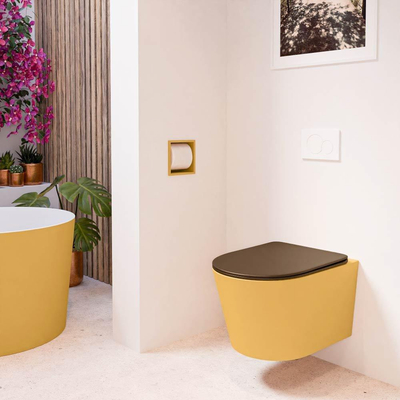 Mondiaz LAVIE hangtoilet – spoelrandloos – 36 x 53 cm – met softclose zitting – Ocher (geel), zitting Rust (bruin)