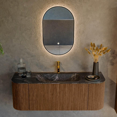 MONDIAZ KURVE-DLUX 130cm Meuble salle de bain avec module 25 G et D - couleur Walnut - 1 tiroir - 2 portes - vasque BIG SMALL centre - 1 trou de robinet - couleur Lava