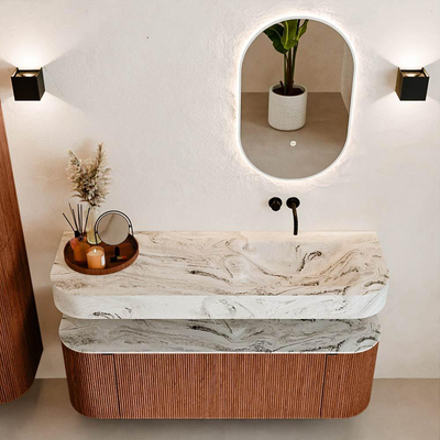 MONDIAZ THOR-DLUX 140cm meuble de salle de bains arrondi gauche + droite couleur Ruby avec 1 tiroir et 2 portes. Vasque suspendue CLOUD Droite sans trou de robinet couleur Glace.