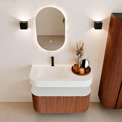 MONDIAZ THOR 100cm meuble de salle de bains arrondi gauche + droite couleur Ruby avec 1 tiroir et 2 portes. Vasque suspendue CLOUD Gauche 1 trou de robinet couleur Talc.