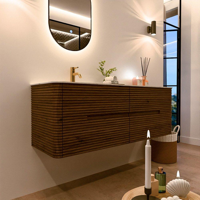 Mondiaz CIRO-DLUX Meuble de salle de bains - 140x45x50cm - Plan vasque solid surface Opalo - 1 vasque à gauche - 1 trou de robinet - 4 tiroirs - Dusk
