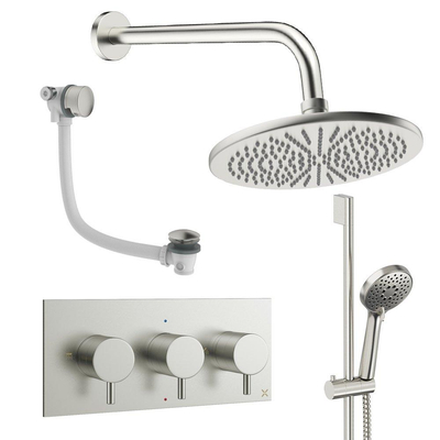 Crosswater MPRO Ensemble de douche à effet pluie encastré - 3 poignées - vidage de baignoire - pomme de douche 30 cm - douchette à main - barre de douche - bras mural - inox brossé