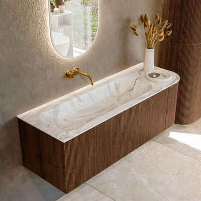 MONDIAZ KURVE-DLUX 135cm badmeubel met module 25 R kleur Walnut met 1 lade en 1 deur. Wastafel BIG MEDIUM links zonder kraangat kleur Glace.