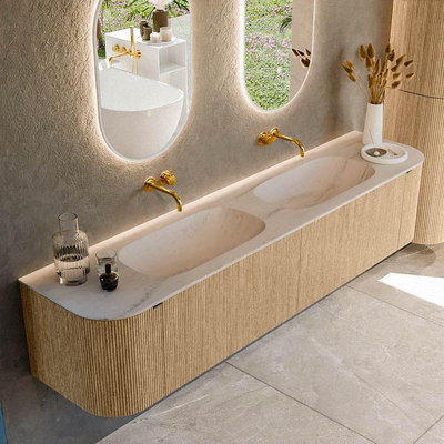 MONDIAZ KURVE-DLUX Meuble de salle de bains 200cm arrondi Gauche + Droite couleur Chêne avec 2 tiroirs et 2 portes. Plan-vasque STOR SMALL Double sans trou de robinet Meli.