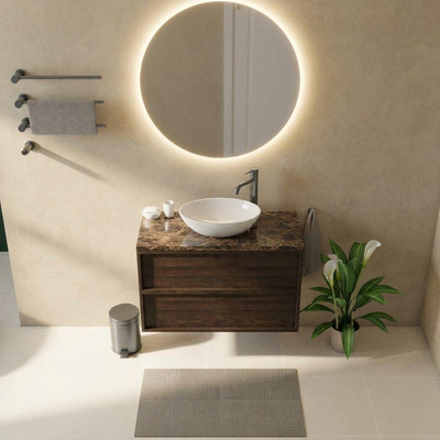 Saniclass Holz Frame Ensemble meuble de salle de bains - 100x45x63cm - Plan de travail en pierre naturelle Noche dark emperador - 1 trou de robinet - 2 tiroirs - chêne charcoal mat (bois)