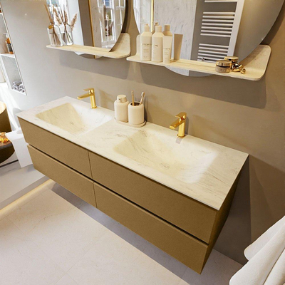 Mondiaz VICA-DLUX ensemble de meuble de salle de bain - 150cm - meuble sous-vasque oro - 4 tiroirs - lavabo encastré cloud double - 2 trous de robinet - version haute de 60cm - opalo