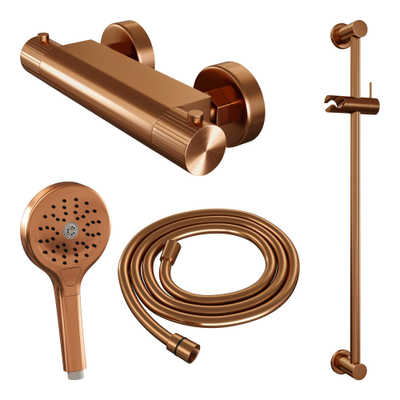 BRAUER Stripe Opbouw Douche Thermostaatkraan - SET 02 - glijstang - 3-standen handdouche - doucheslang - koper geborsteld PVD