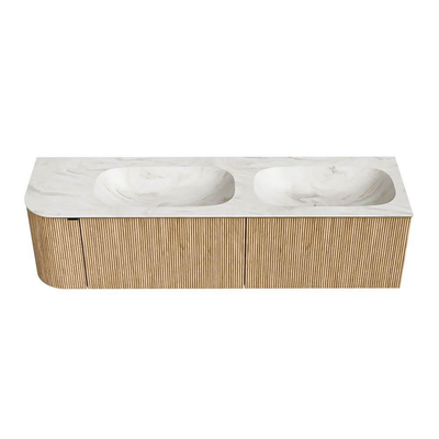 MONDIAZ KURVE-DLUX meuble de salle de bains 165 cm avec module 25 L couleur Chêne avec 2 tiroirs et 1 porte. Lavabo STOR SMALL double / droite 2 trous de robinet couleur Ostra.