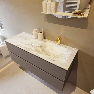 Mondiaz VICA-DLUX Ensemble de meuble de salle de bain - 120cm - meuble sous-vasque fumée - 2 tiroirs - lavabo encastré nuage droite - 1 trou de robinet - version haute 60cm - glace