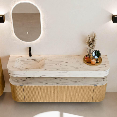 MONDIAZ THOR-DLUX 170cm badmeubel ronding links + rechts kleur Oak met 1 lade en 2 deuren. Vrijhangende wastafel CLOUD Links 1 kraangat kleur Nata.