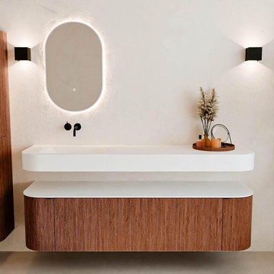 MONDIAZ THOR Meuble de salle de bains 170cm arrondi gauche + droite couleur Ruby avec 1 tiroir et 2 portes. Vasque suspendue CLOUD Gauche sans trou de robinet couleur Talc.