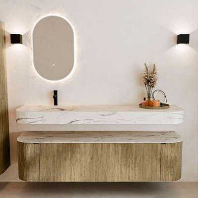 MONDIAZ THOR-DLUX 170cm meuble de salle de bains arrondi gauche + droite couleur Dusk avec 1 tiroir et 2 portes. Vasque suspendue CLOUD gauche 1 trou de robinet couleur Nata.