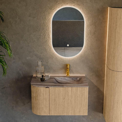 MONDIAZ KURVE-DLUX Meuble de salle de bains 75cm arrondi à gauche couleur Oak avec 1 tiroir et 1 porte. Lavabo GRUNNE à droite 1 trou de robinet Sombra.