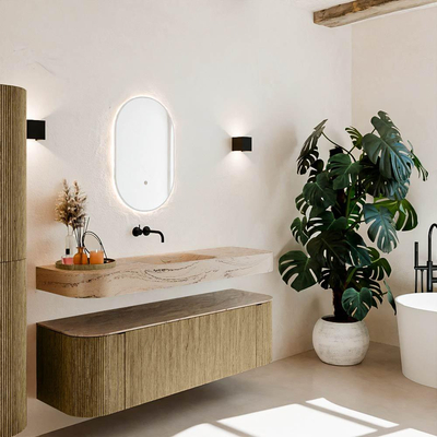 MONDIAZ THOR-DLUX 150cm meuble de salle de bains arrondi gauche + droite couleur Dusk avec 1 tiroir et 2 portes. Vasque suspendue CLOUD centrale sans trou de robinet couleur Arena.