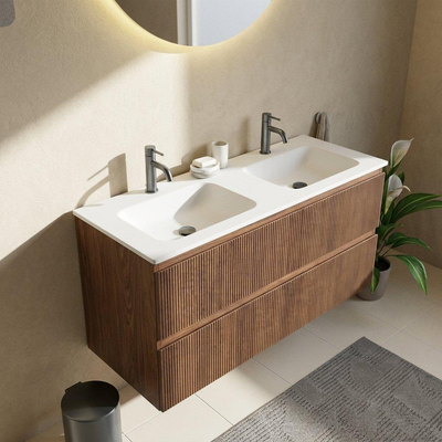 Saniclass Holz Atelier Ensemble meuble de salle de bains - 120x45x61.5cm - Flow lavabo en solid surface blanc - 2 vasques - 2 trous de robinet - 2 tiroirs - walnut pure mat (bois)