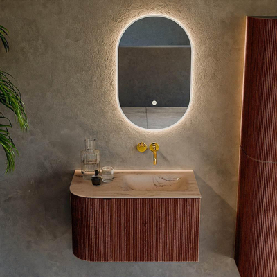 MONDIAZ KURVE-DLUX Meuble de salle de bains 75cm arrondi à gauche couleur Ruby avec 1 tiroir et 1 porte. Lavabo GRUNNE à droite sans trou de robinet Arena.