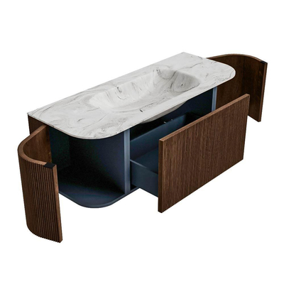 MONDIAZ KURVE-DLUX Meuble de salle de bains 120 cm avec module 25 Len R couleur Walnut avec 1 tiroir et 2 portes. Lavabo BIG SMALL central 1 trou de robinet couleur Glace.