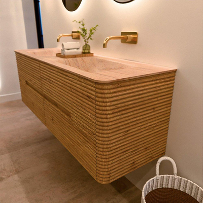 Mondiaz CIRO-DLUX Badkamermeubelset - 150x45x50cm - Solid surface wastafel Saba - 2 wasbak Dubbel - zonder kraangaten - 4 lades - Oak