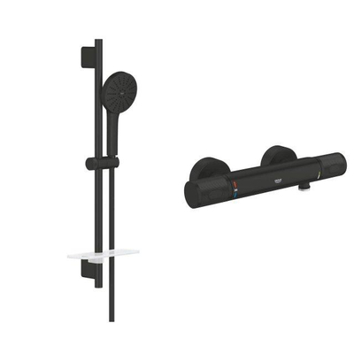 Grohe Vitalio Joy Doucheset - 60cm glijstang - ronde handdouche - 3 straalsoorten - thermostaatkraan - matte black (mat zwart)